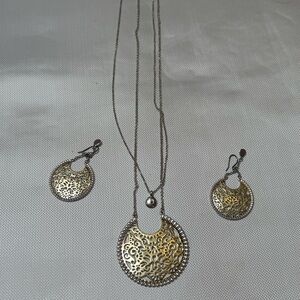 Gold Filigree Double Stranded Long Necklace and Earring Set